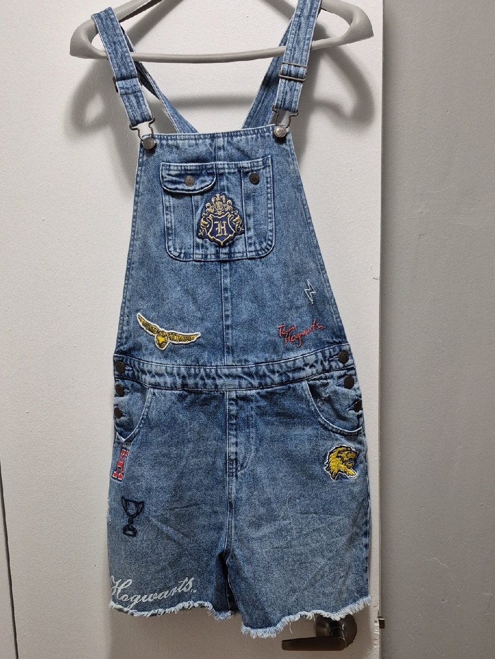 Light Blue Denim Kids Short Overalls with Embroidered Patches